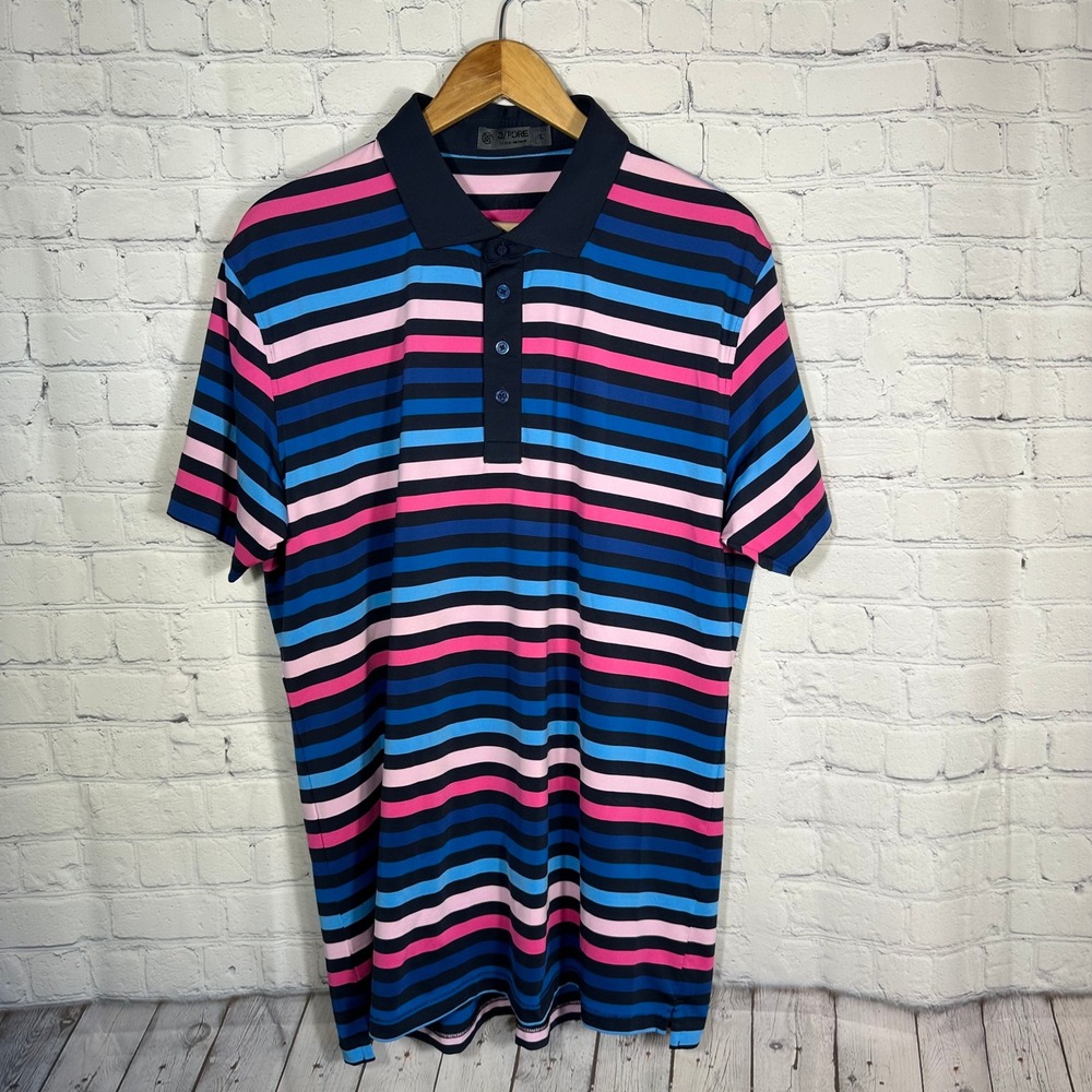 G/FORE Mens Striped‎ Golf Polo Shirt Blue Pink Navy Short Sleeve Size L